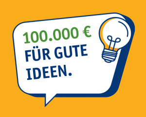 Eine Sprechblase mit einer Glühbirne oben rechts und dem Text 100.000€ für gute Ideen.
