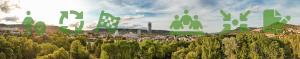 Panoramabild der Stadt Jena mit Architektur und viel Grün und 3 grünen Piktogrammen