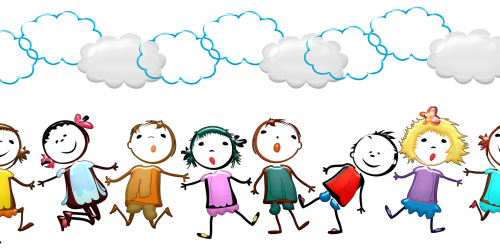 Acht lachende und singende Kinder in einer Reihe nebeneinander mit bunten Sachen an. Über ihnen sind leere Gedankenblasen in Form von Wolken.