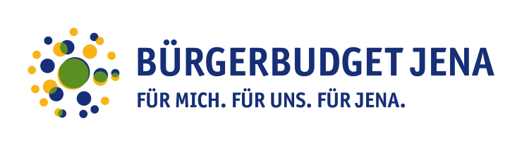 Mehrere unterschiedlich große Farbpunkte in gelber, grüner und roter Farbe, die kreisförmig angeordnet sind. Daneben steht der Schriftzug: Bürgerbudget Jena. Für mich. Für uns. Für Jena.