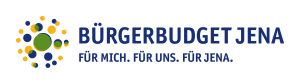 Mehrere unterschiedlich große Farbpunkte in gelber, grüner und roter Farbe, die kreisförmig angeordnet sind. Daneben steht der Schriftzug: Bürgerbudget Jena. Für mich. Für uns. Für Jena.