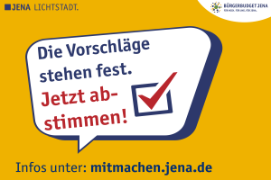 grafisches Bild mit gelben Hintergrund, einer Sprechblase in der zur Abstimmung aufgerufen wird