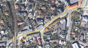 Eine Karte mit Ausschnitt der Westbahnhofstraße, in der das zu betrachtende Gebiet umrissen eingezeichnet ist.