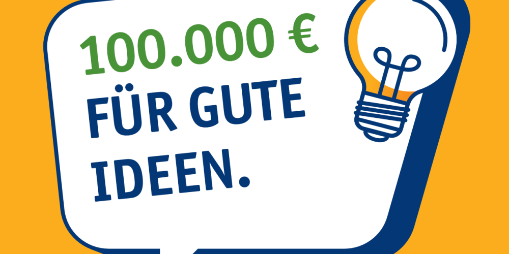 Eine Sprechblase mit einer Glühbirne oben rechts und dem Text 100.000€ für gute Ideen.