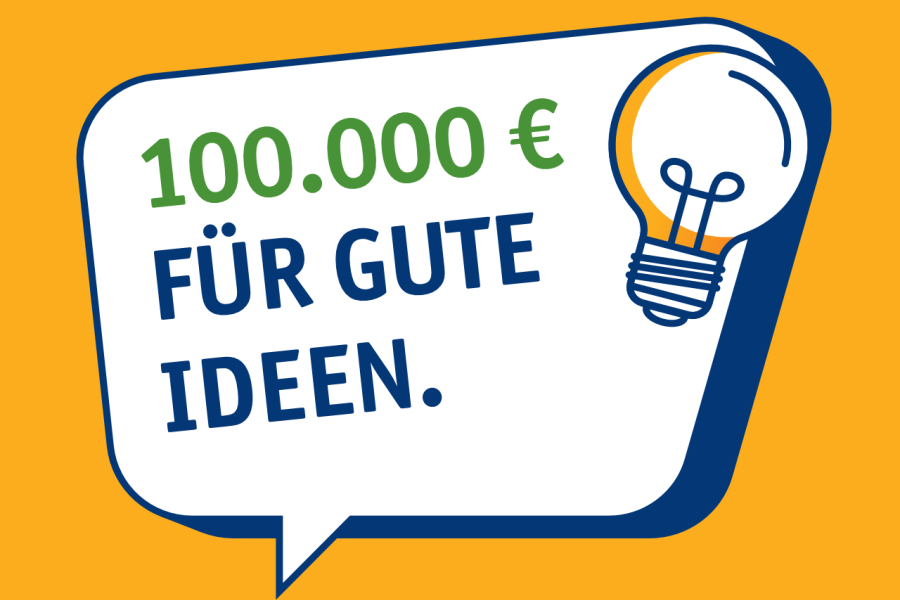 Eine Sprechblase mit einer Glühbirne oben rechts und dem Text 100.000€ für gute Ideen.